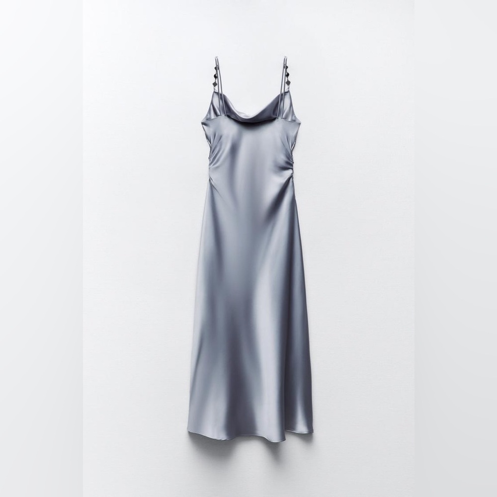 ๐(NWOT) ZARA Bloggers Fav Satin Cowl Neck Midi Dress w/ Rhinestone Straps. SMALL - Picture 5 of 12